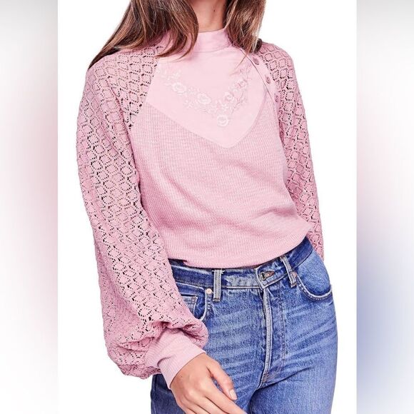 Free People Sweetest Thing Lace Sleeve Thermal Top S Pink Bliss Blush Feminine - Picture 1 of 11